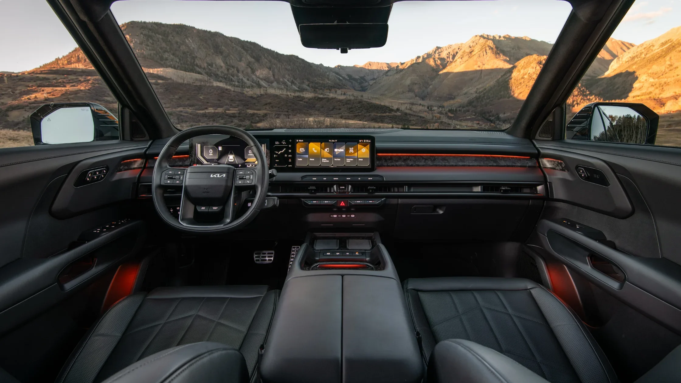 2027 Kia Telluride interior dashboard with panoramic display and premium cabin layout.
