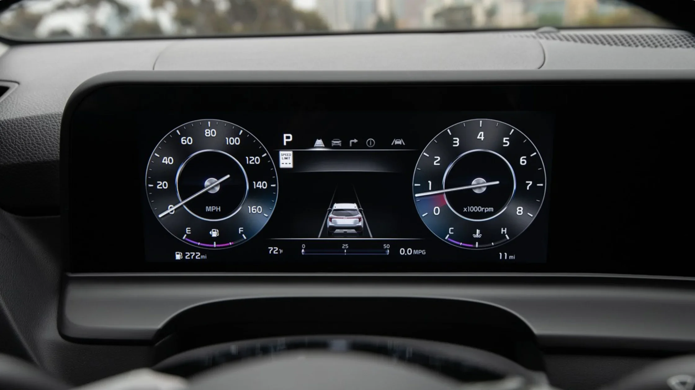 Digital gauge cluster of the 2026 Kia Seltos displaying driver info and safety alerts in crisp detail.